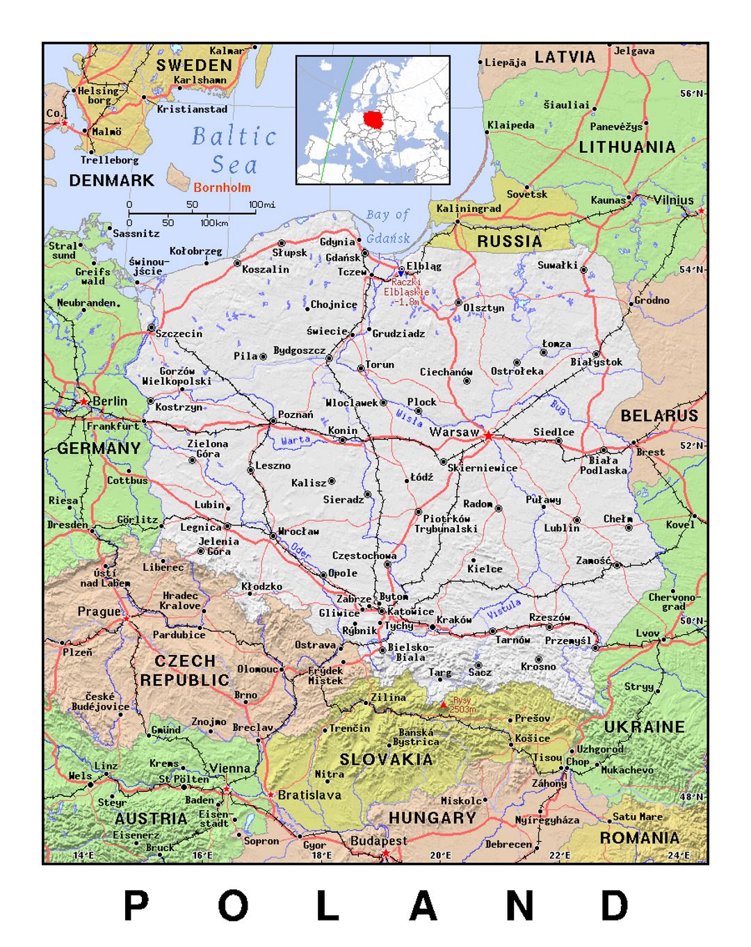 Детальная политическая карта Польши с рельефом