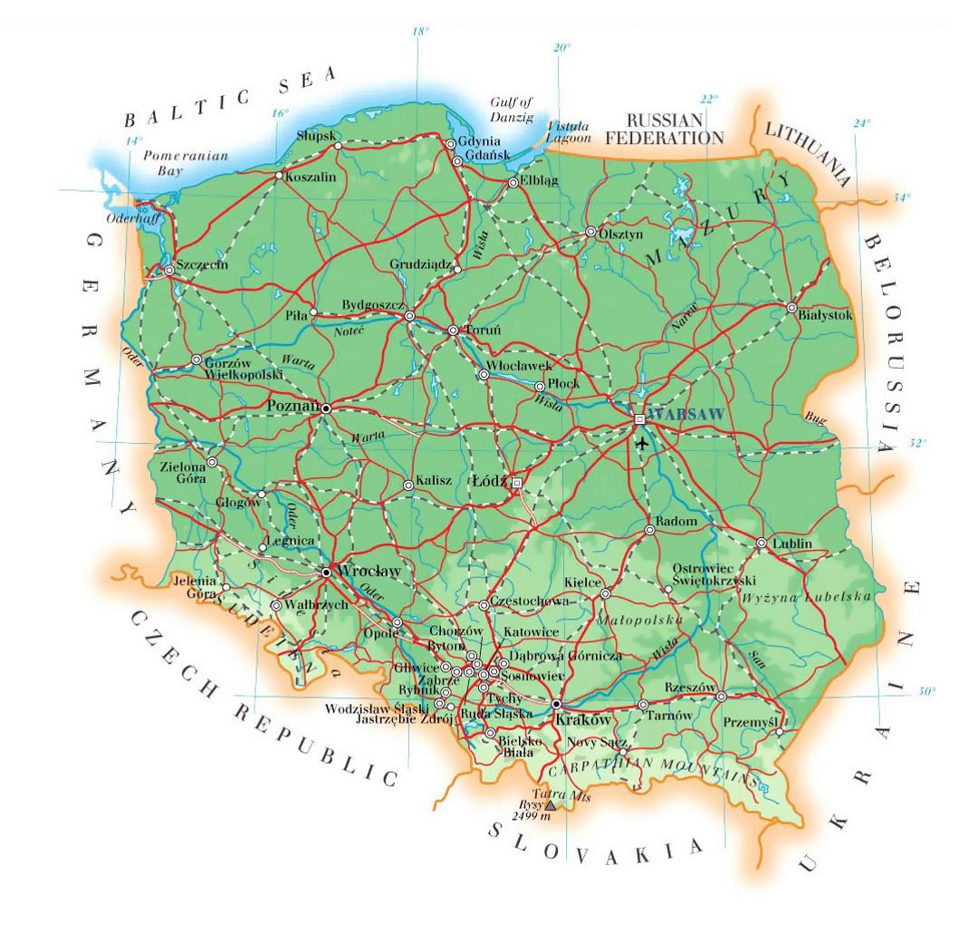 Карта высот Польши с дорогами, городами и аэропортами