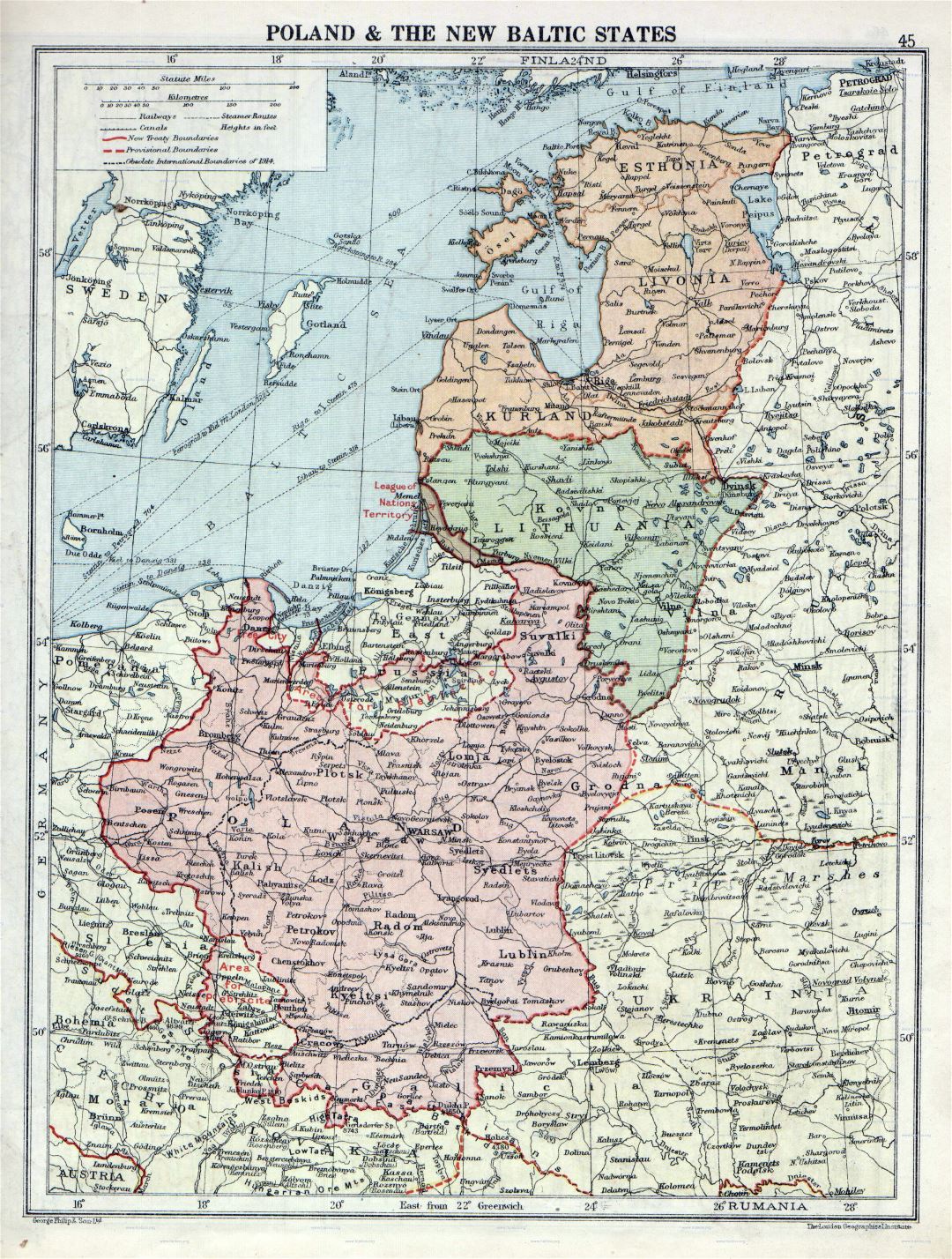 Большая детальная старая карта Польши и стран Балтии - 1920