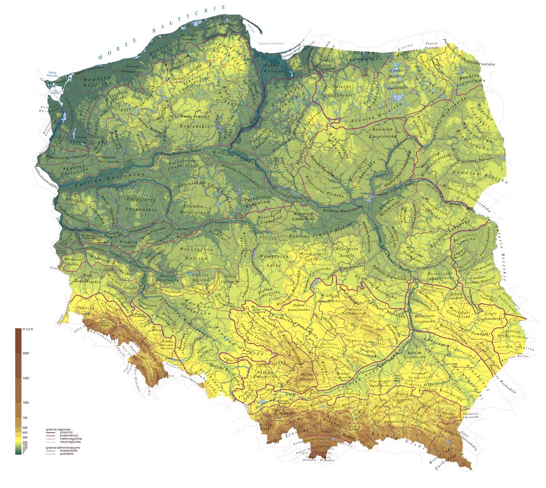 Большая детальная физическая карта Польши