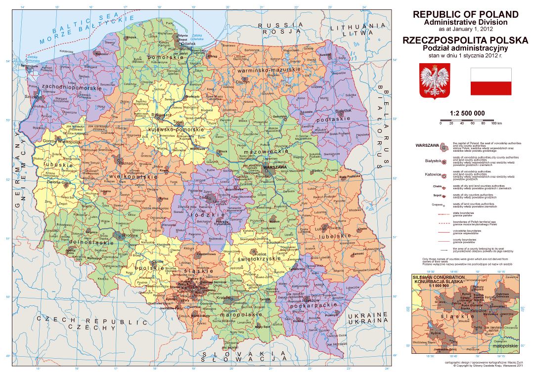 Большая детальная политическая и административная карта Польши с городами