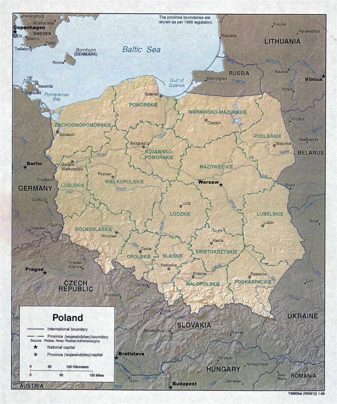 Большая детальная политическая и административная карта Польши с рельфом и крупными городами - 1999
