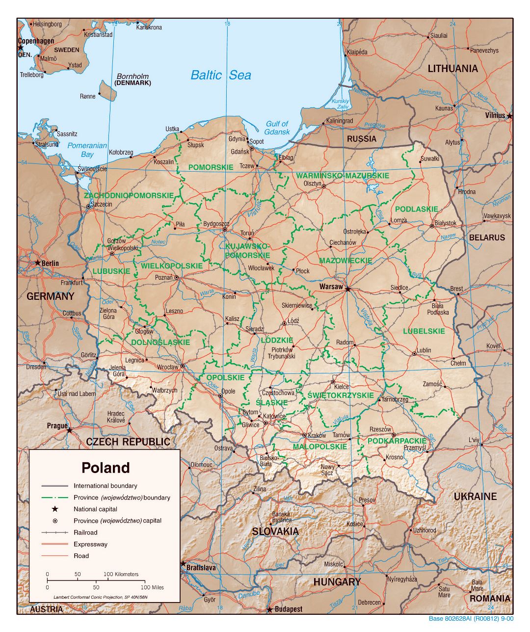 Большая детальная политическая и административная карта Польши с рельефом, дорогами, железными дорогами и крупными городами - 2000