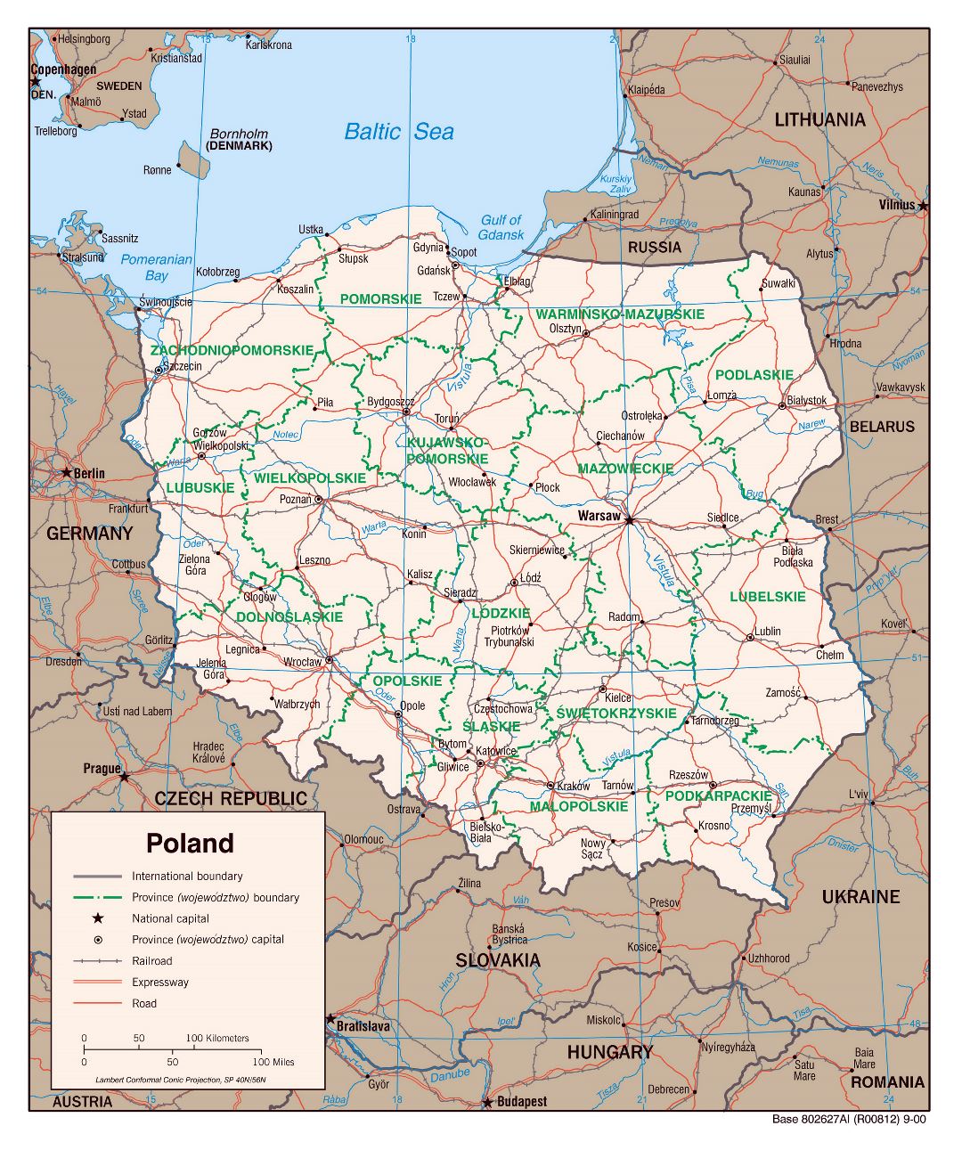 Большая детальная политическая и административная карта Польши с дорогами, железными дорогами и крупными городами - 2000