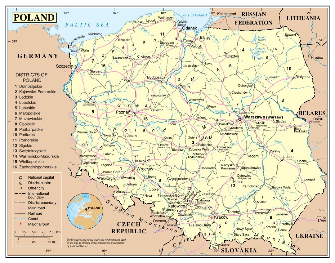 Большая детальная политическая и административная карта Польши с дорогами, железными дорогами крупных городов и аэропортов
