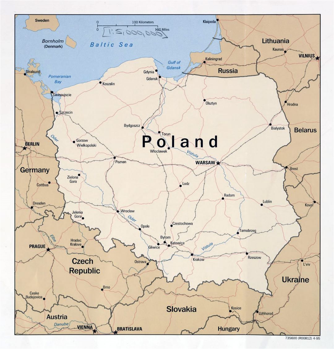 Большая детальная политическая карта Польши с дорогами, железными дорогами и крупными городами - 1995