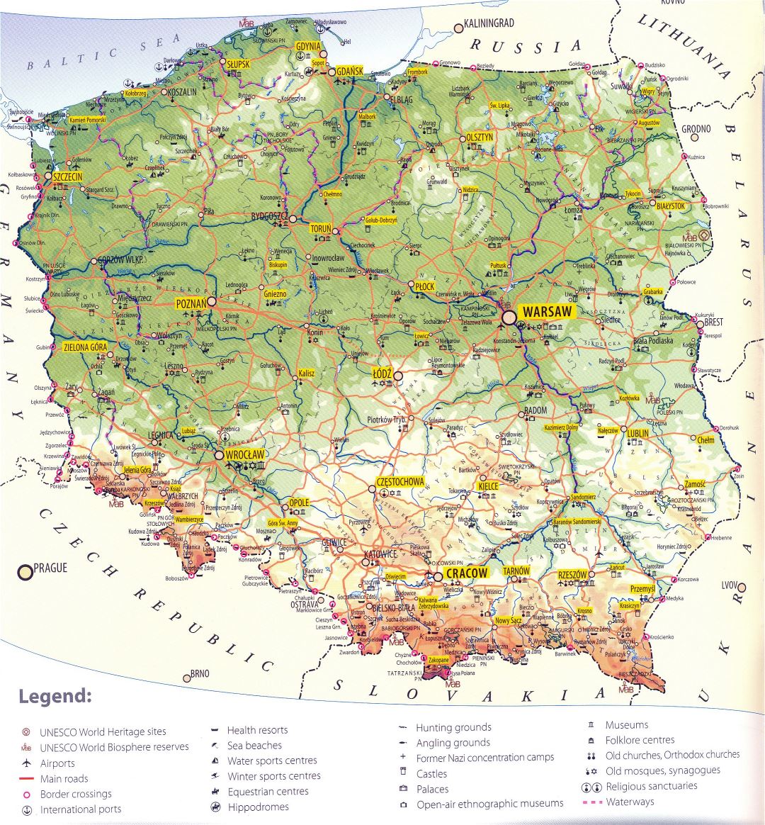 Большая детальная туристическая карта Польши