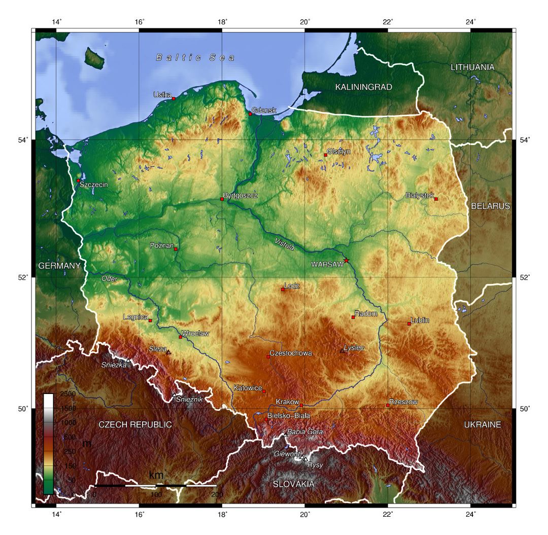 Большая физическая карта Польши