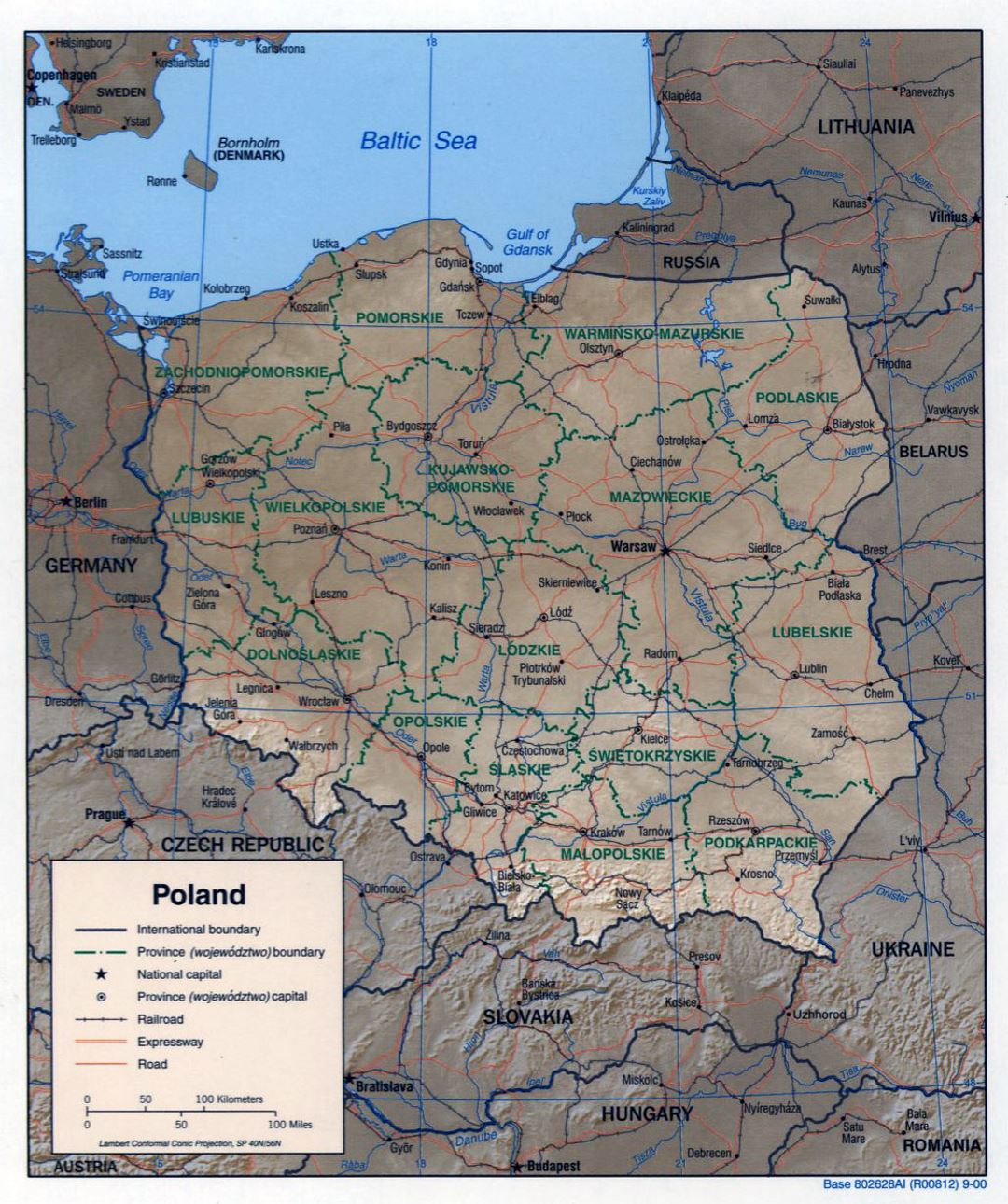 Большая политическая и административная карта Польши с рельефом - 2000