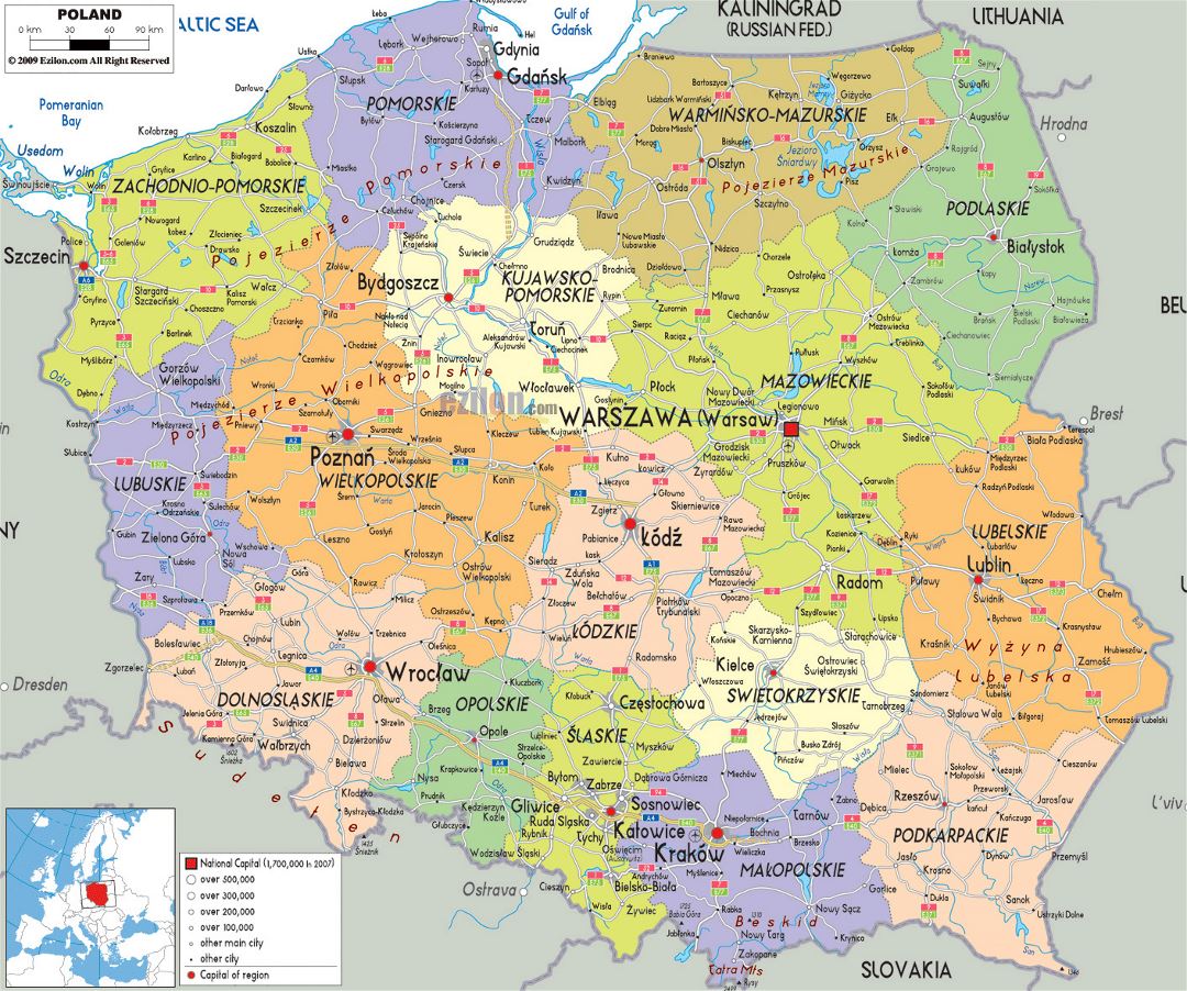 Большая политическая и административная карта Польши с дорогами, городами и аэропортами