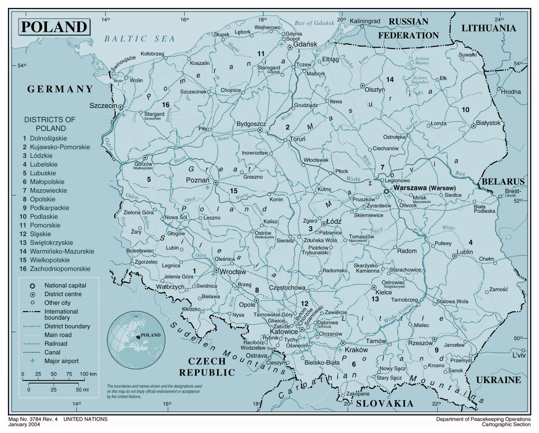 Большая политическая и административная карта Польши с дорогами, железными дорогами, крупными городами и аэропортами