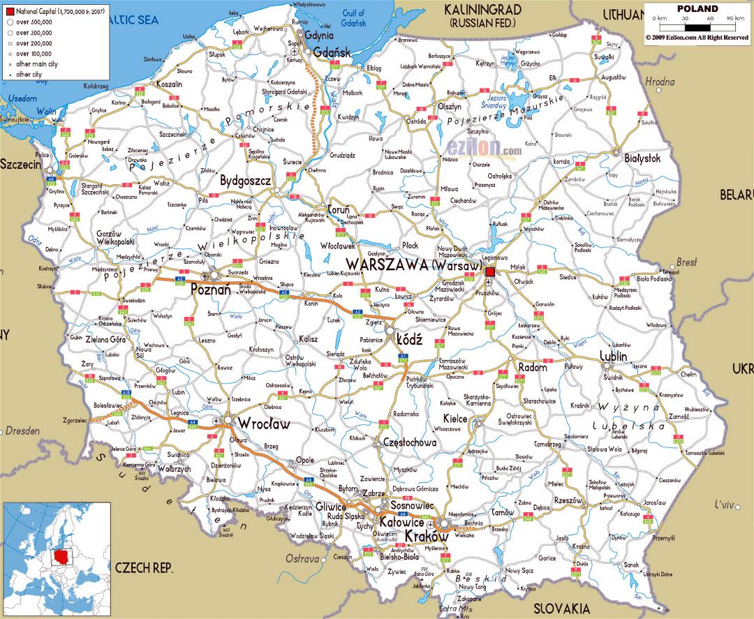 Большая карта дорог Польши с городами и аэропортами