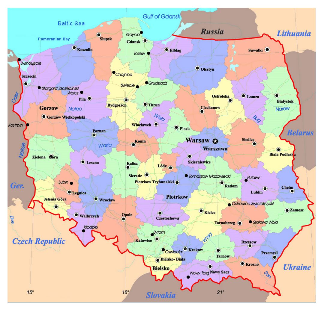 Политическая и административная карта Польши с дорогами и крупными городами