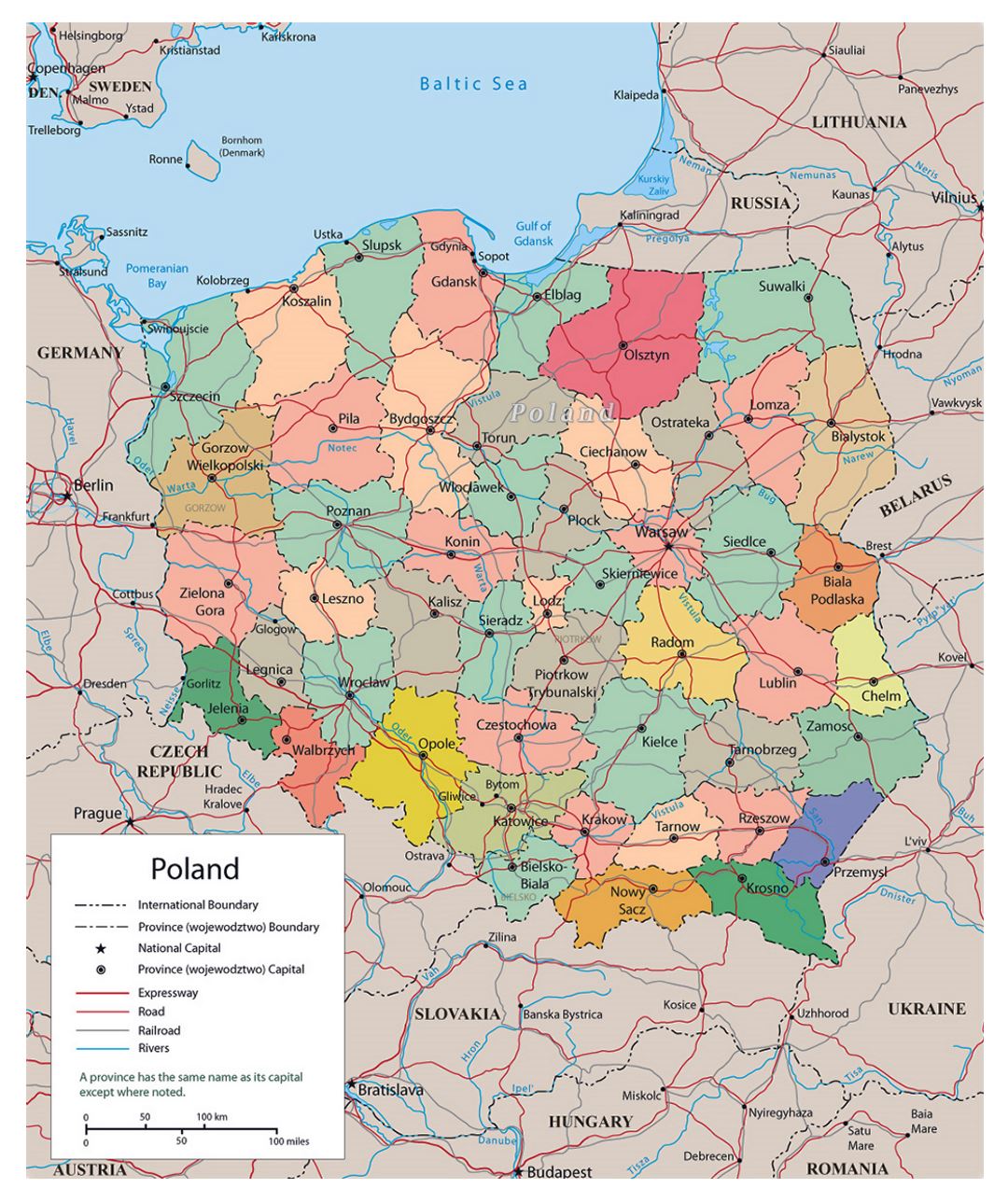 Политическая и административная карта Польши с дорогами, железными дорогами и крупными городами