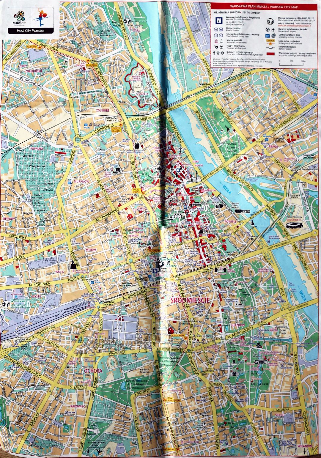 Детальная карта путеводитель центральной части города Варшавы