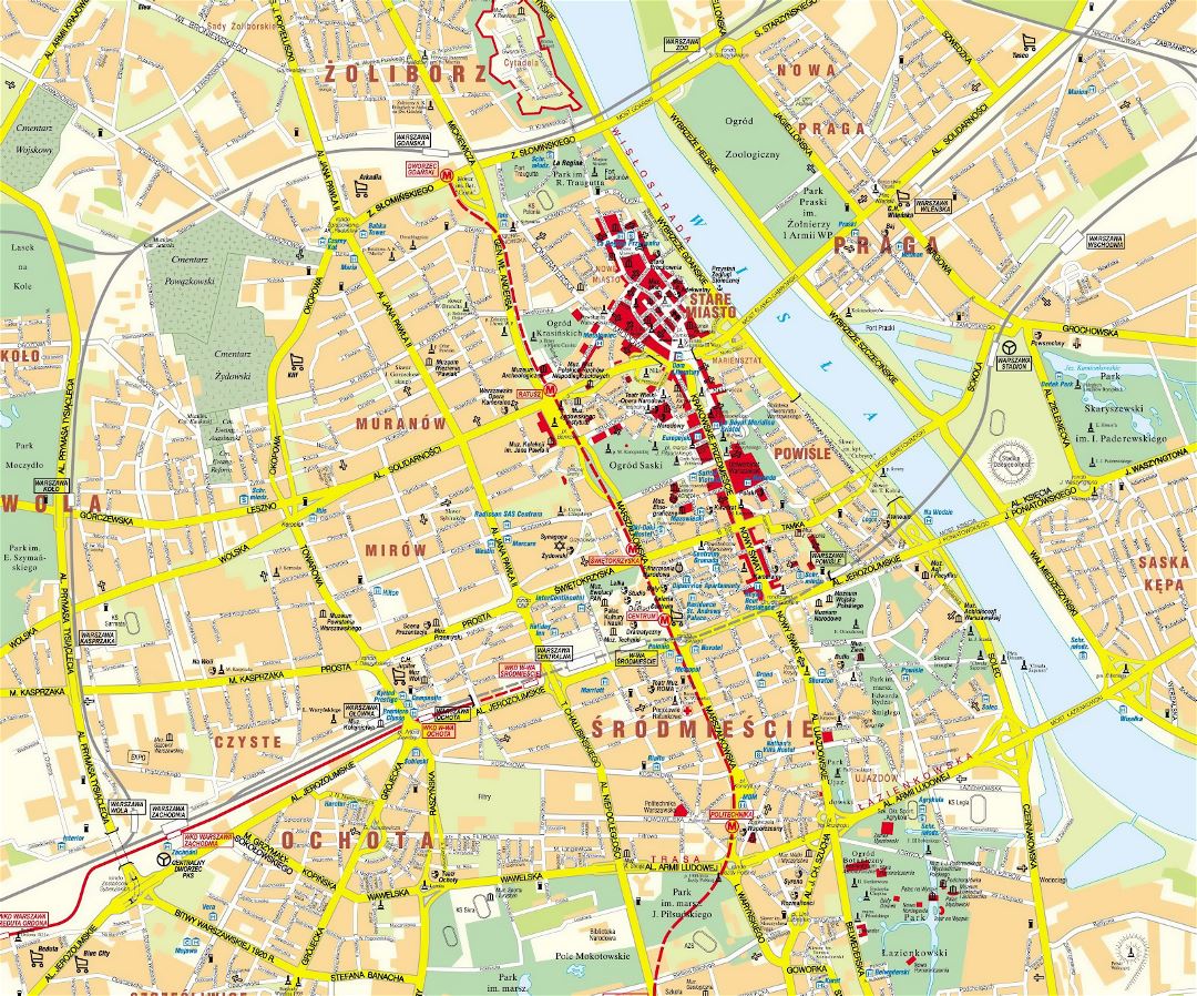 Детальная карта центральной части города Варшавы
