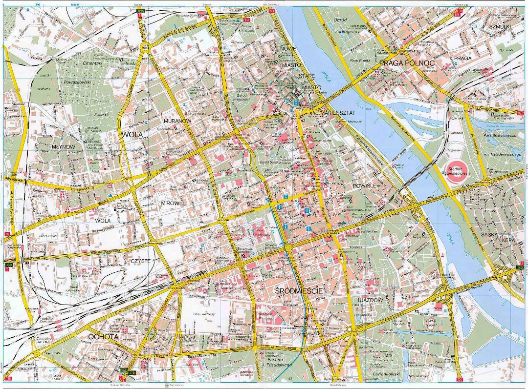Детальная карта дорог центра Варшавы