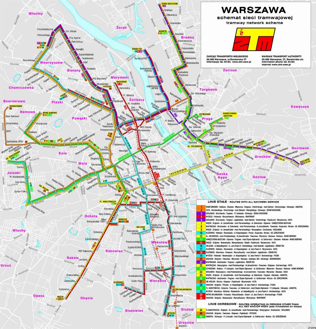 Детальная карта маршрута трамваев города Варшавы