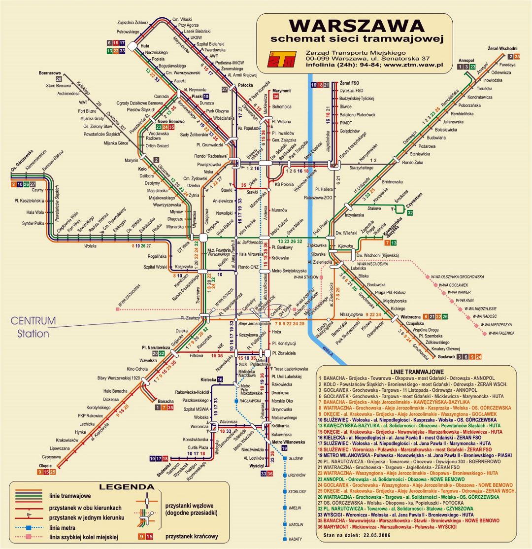 Детальная трамвайная карта города Варшавы
