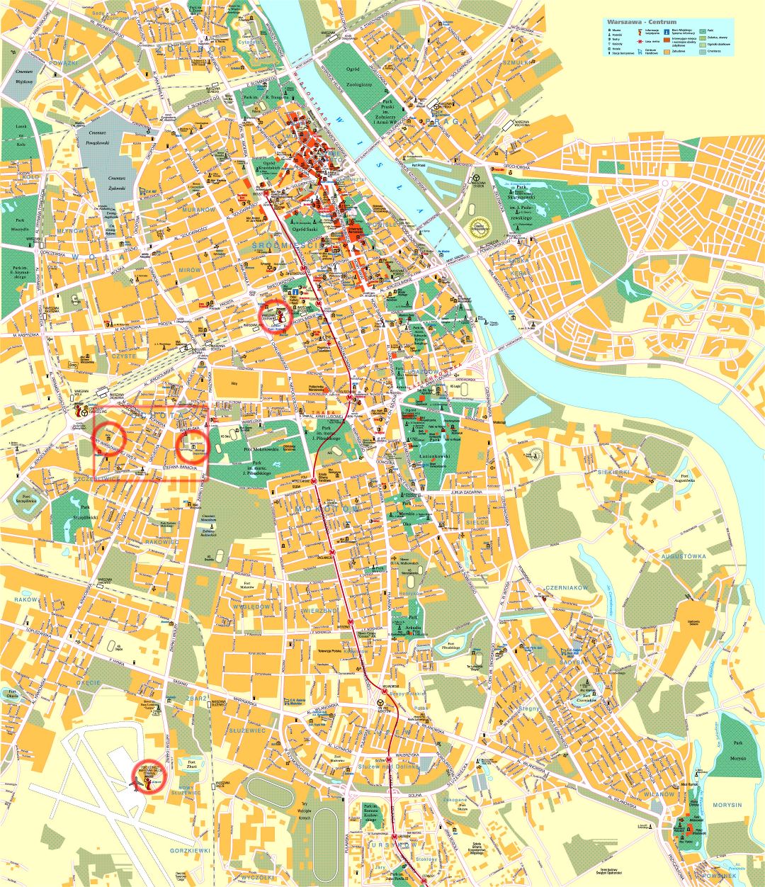 Большая детальная карта дорог и туристическая карта центра Варшавы со зданиями