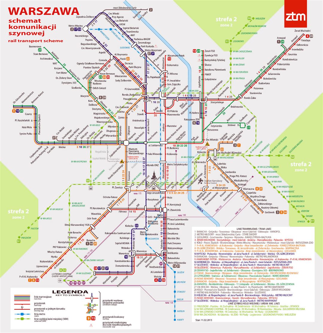 Большая детальная карта трамвайной связи города Варшавы