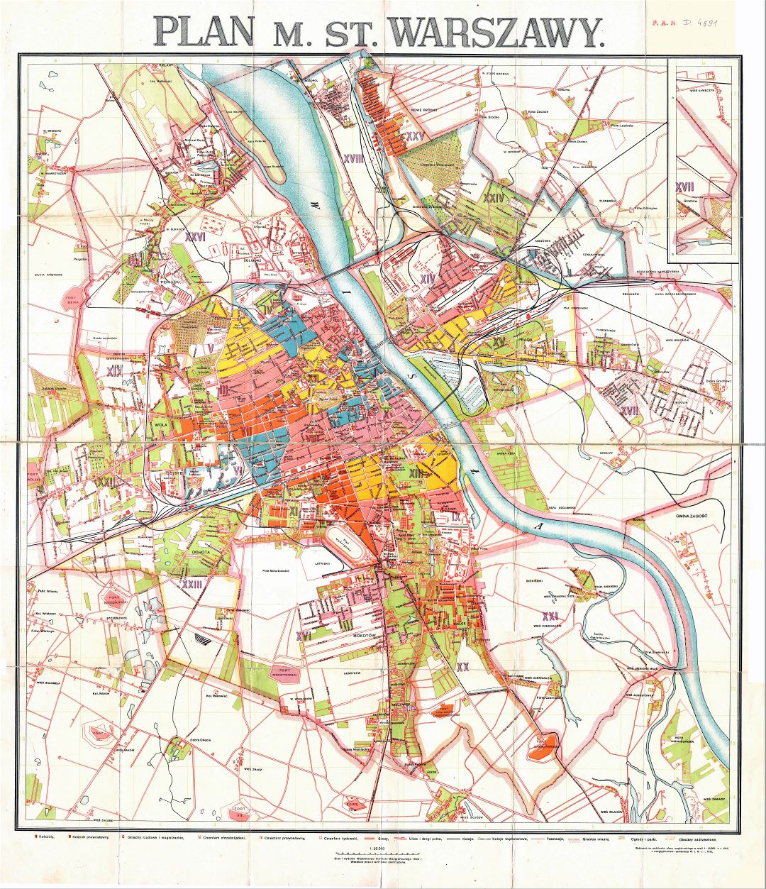 Крупномасштабный детальный старый городской план Варшавы - 1924