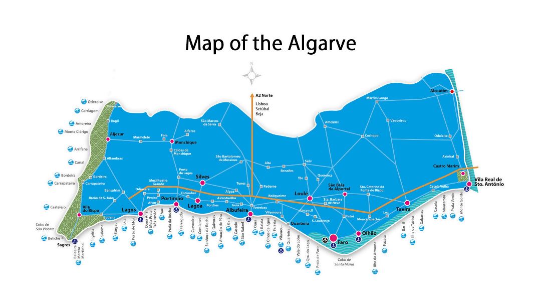 Детальная карта Алгарве с пляжами