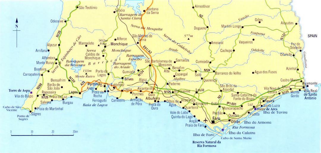 Детальная карта Алгарве с дорогами, городами и аэропортами
