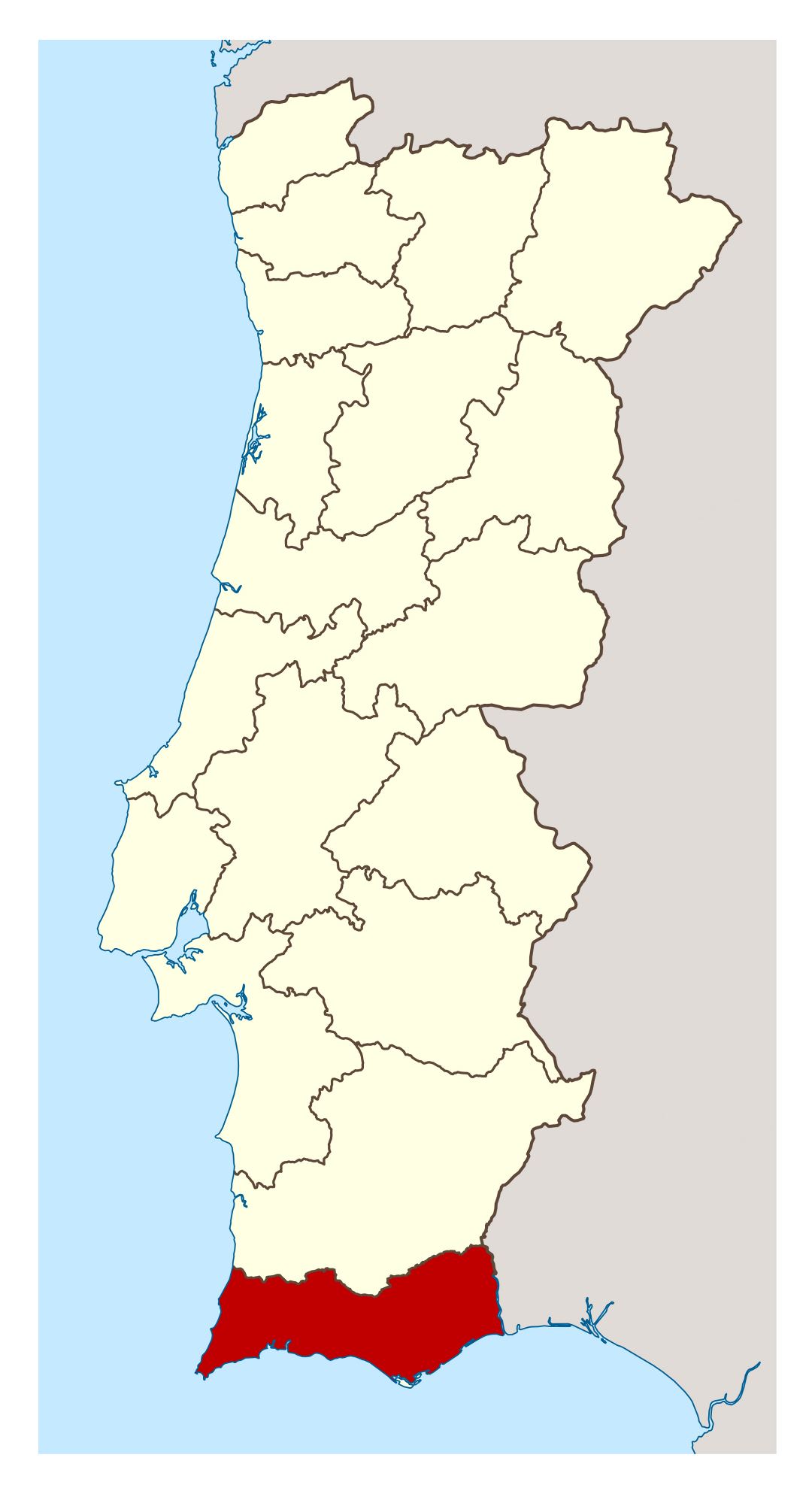 Большая детальная карта расположения Алгарве в Португалии