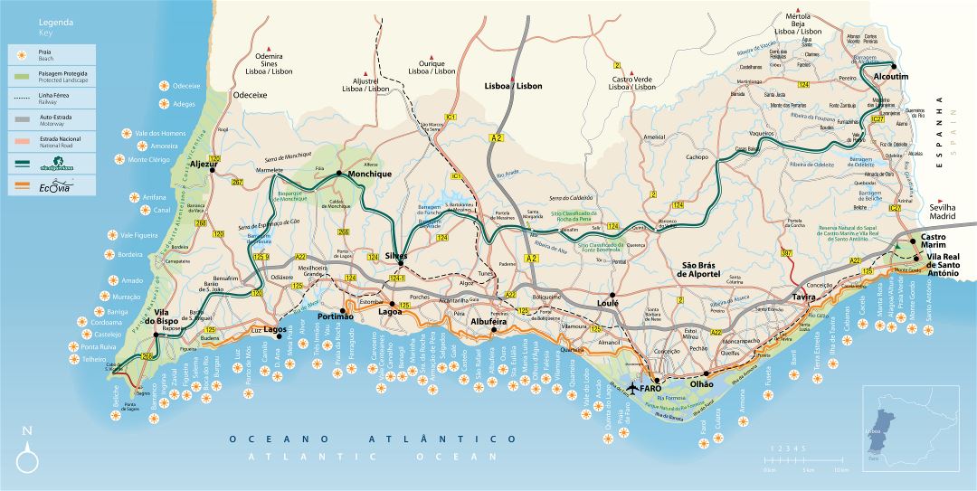 Большая детальная карта Алгарве с дорогами, городами, пляжами и другими пометками