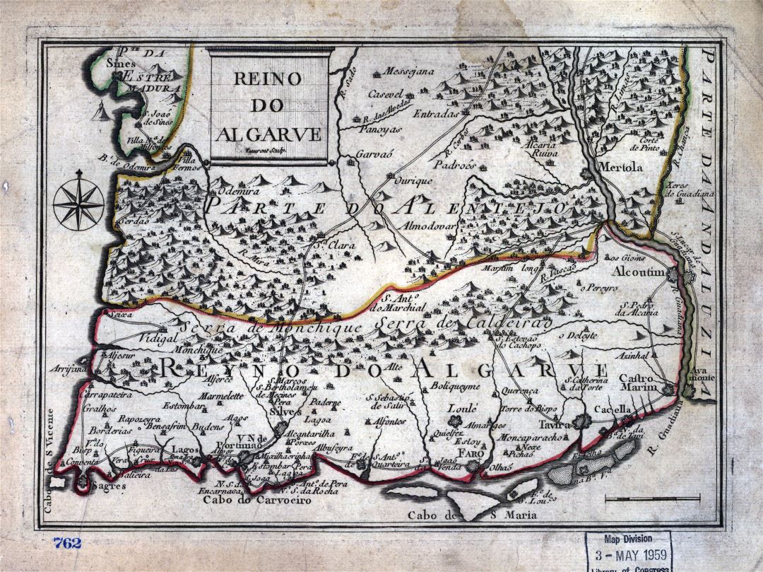 Большая детальная старая античная карта Алгарве с рельефом, дорогами и городами - 1730-1774
