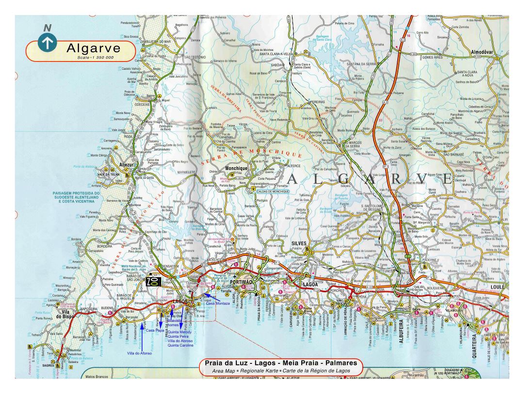 Большая детальная карта дорог Алгарве с другими пометками