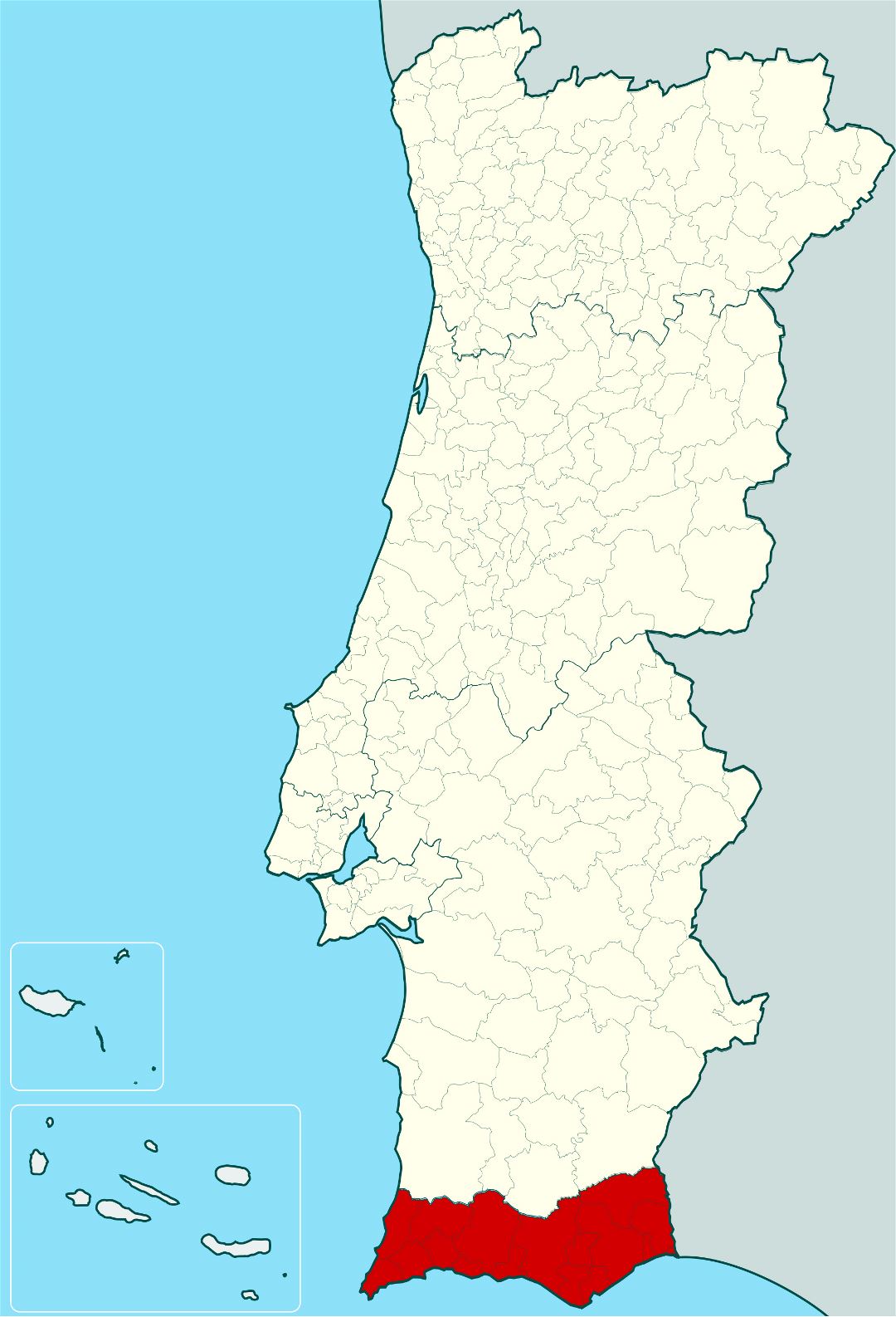 Большая карта расположения Алгарве в Португалии