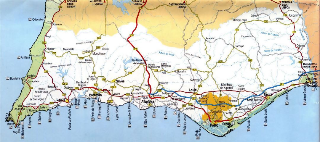 Большая карта Алгарве с пляжами, дорогами и другими пометками