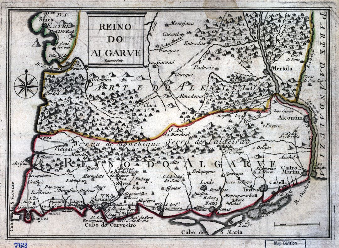 Большая старая карта Алгарве с рельефом и другими пометками - (1730-1774)
