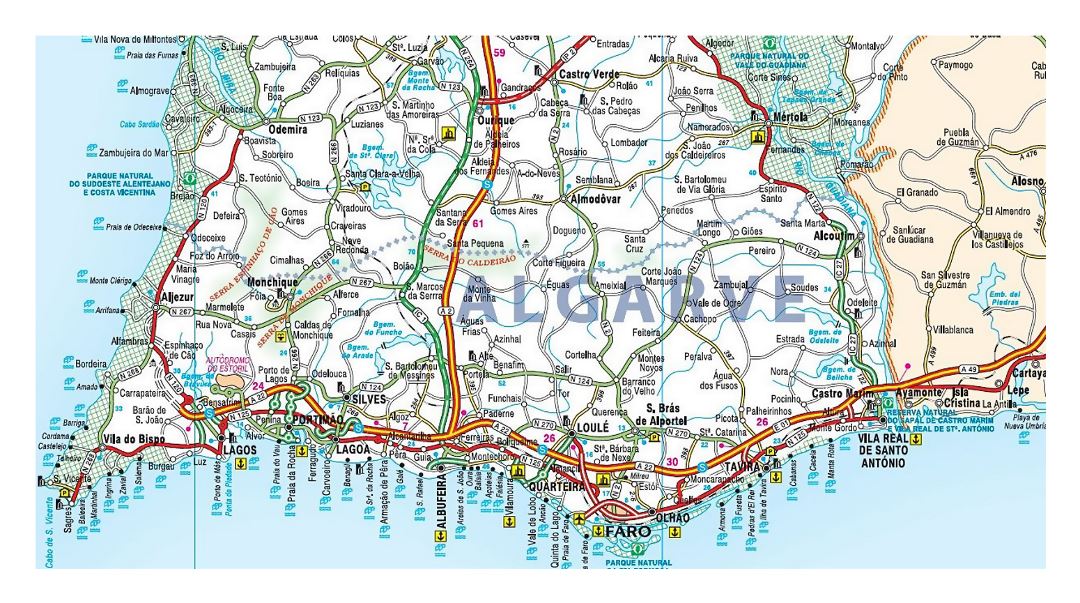 Карта дорог Алгарве с городами и аэропортами
