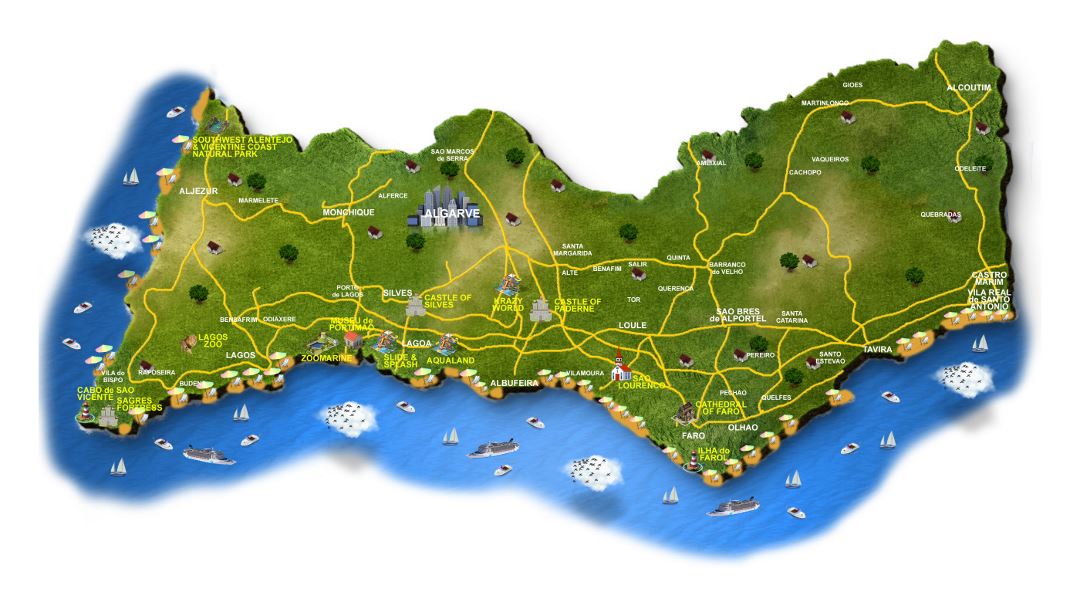 Туристическая карта Алгарве с дорогами и городами