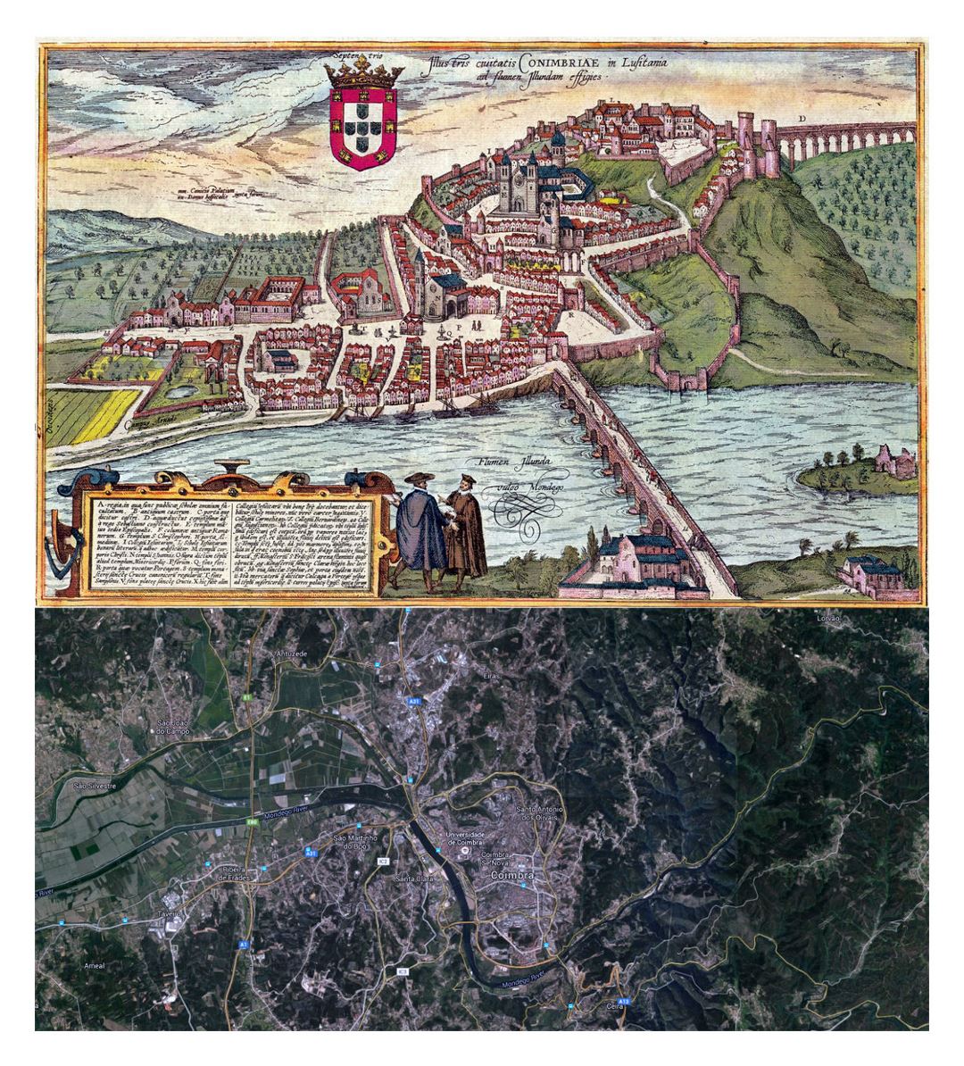 Детальная старая и новая карта города Коимбра - 1598-2016