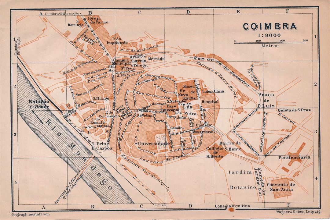 Большая старая карта города Коимбра - 1908