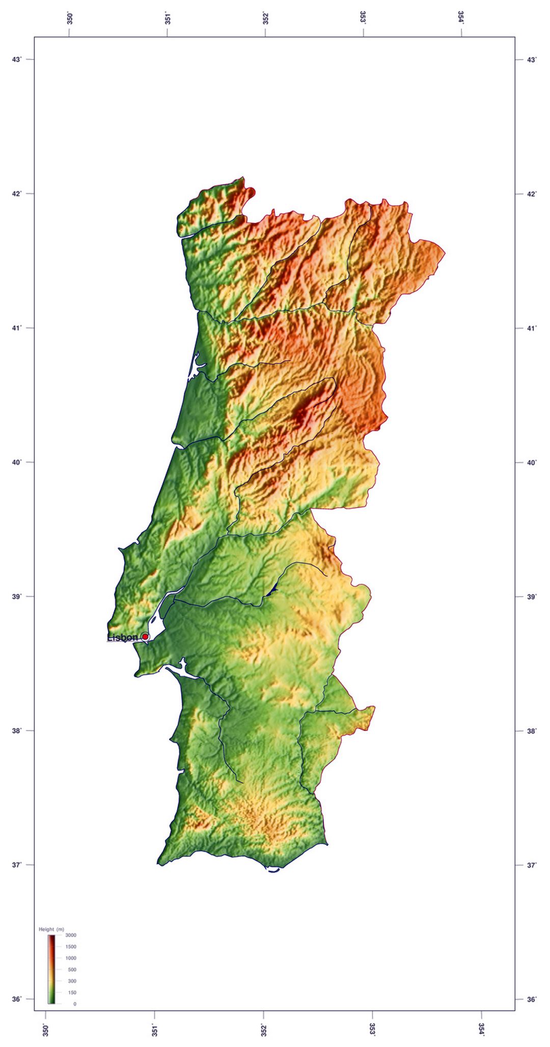 Детальная карта высот Португалии