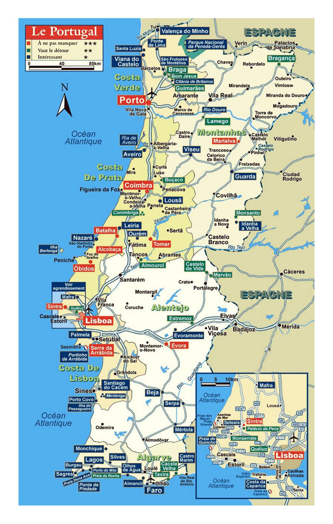 Детальная карта Португалии с дорогами и другими пометками