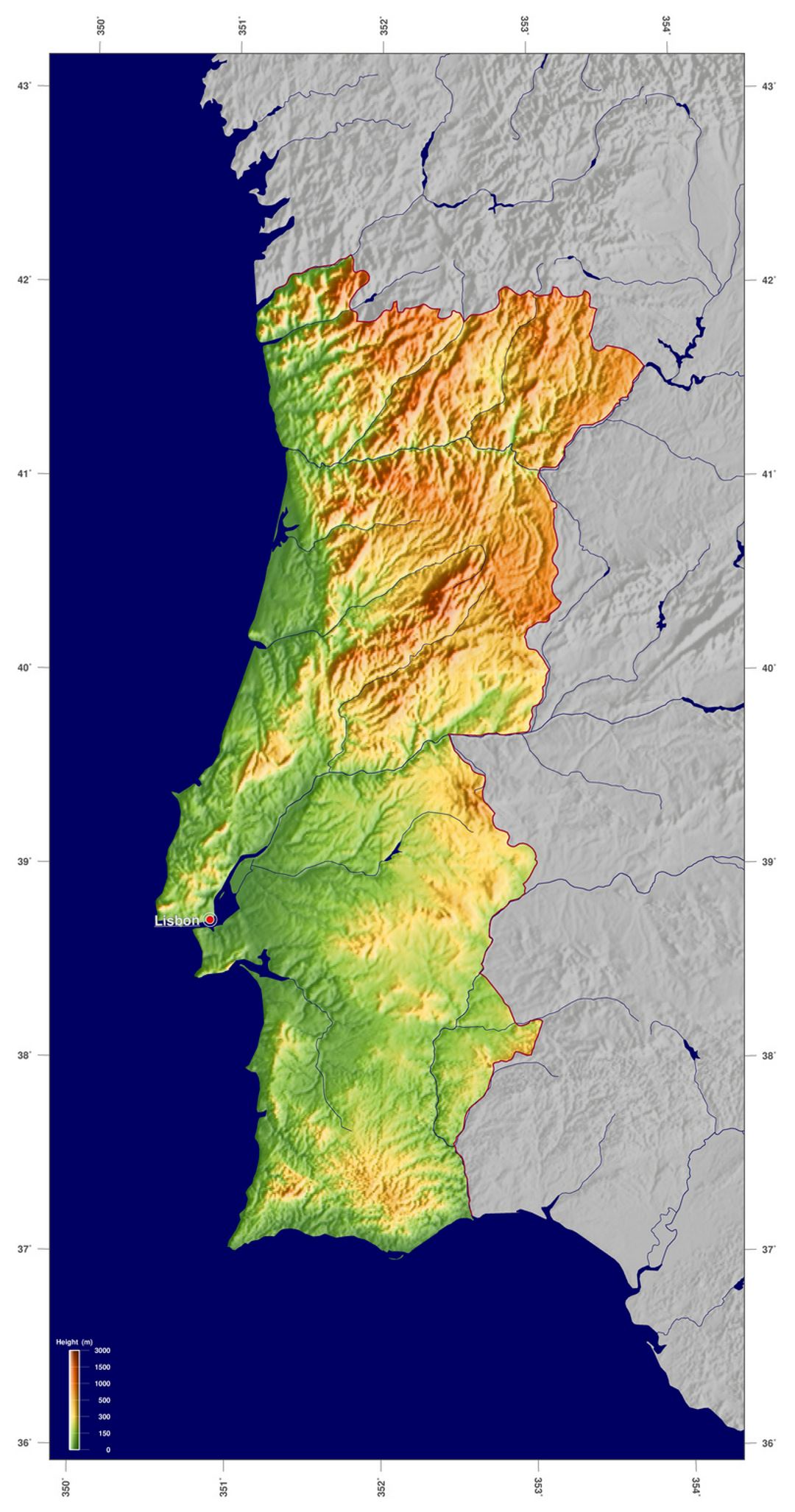 Детальная физическая карта Португалии