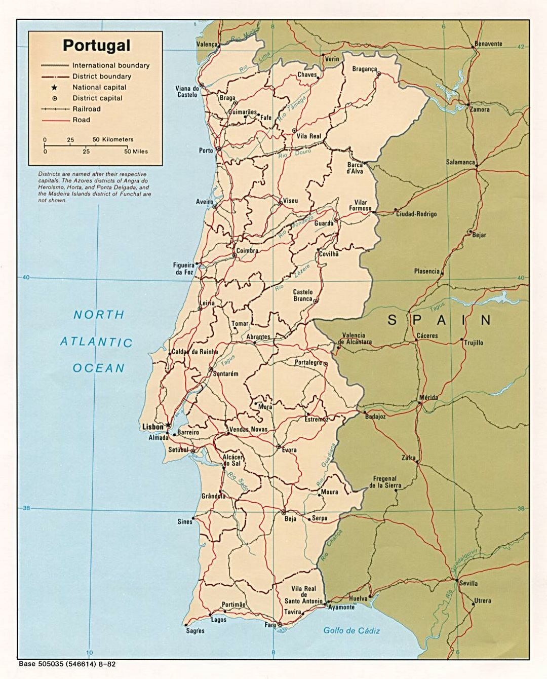 Детальная политическая и административная карта Португалии с дорогами и крупными городами - 1982