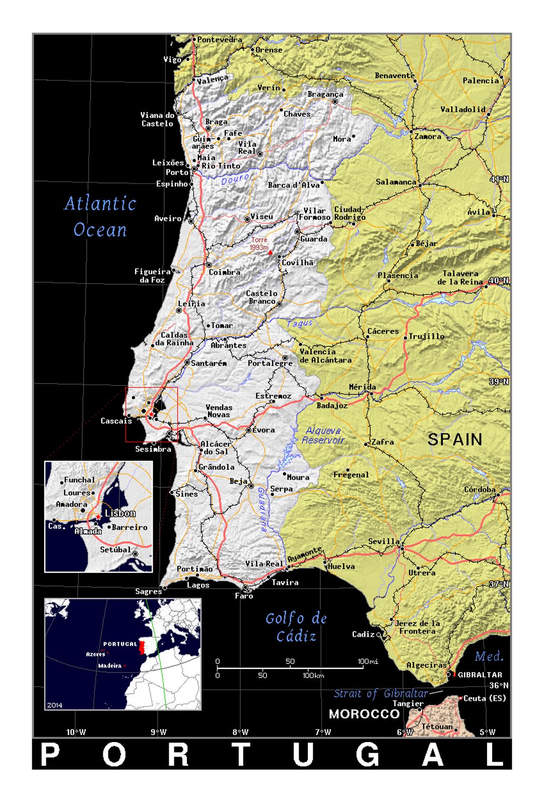 Детальная политическая карта Португалии с рельефом в чернобелом