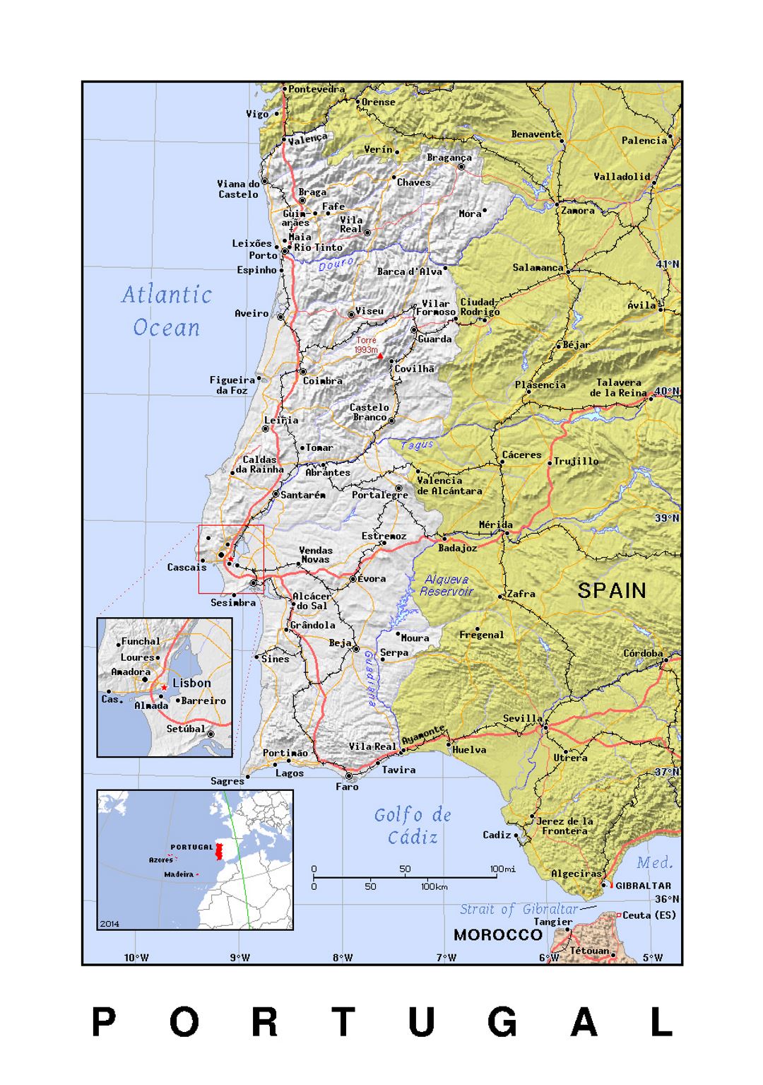 Детальная политическая карта Португалии с рельефом