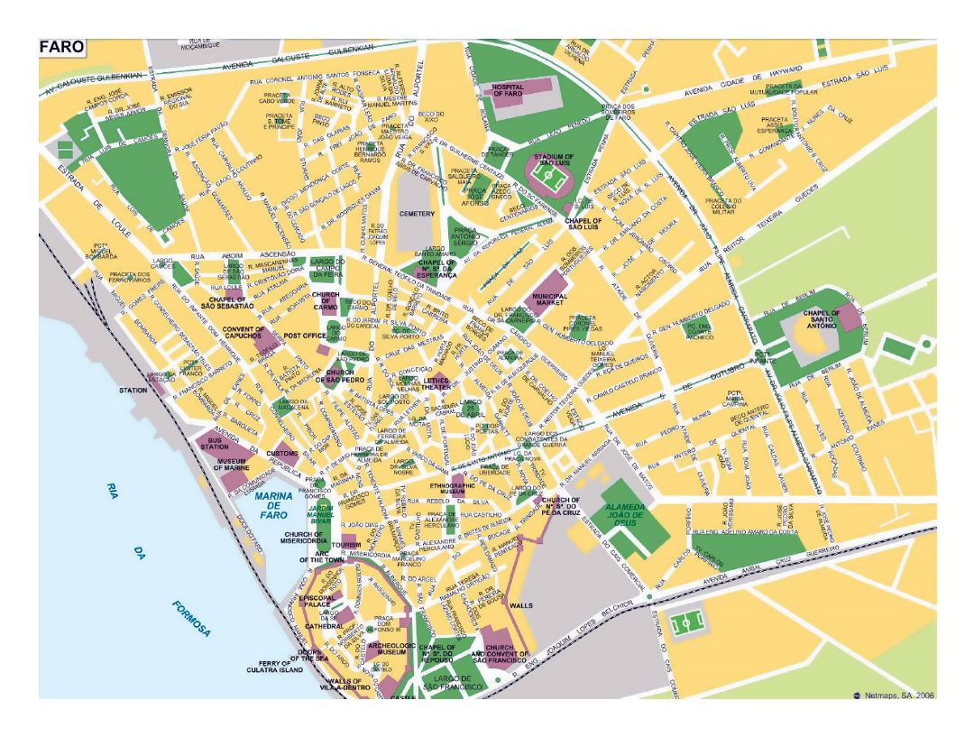 Детальная туристическая карта Фару с названиями улиц