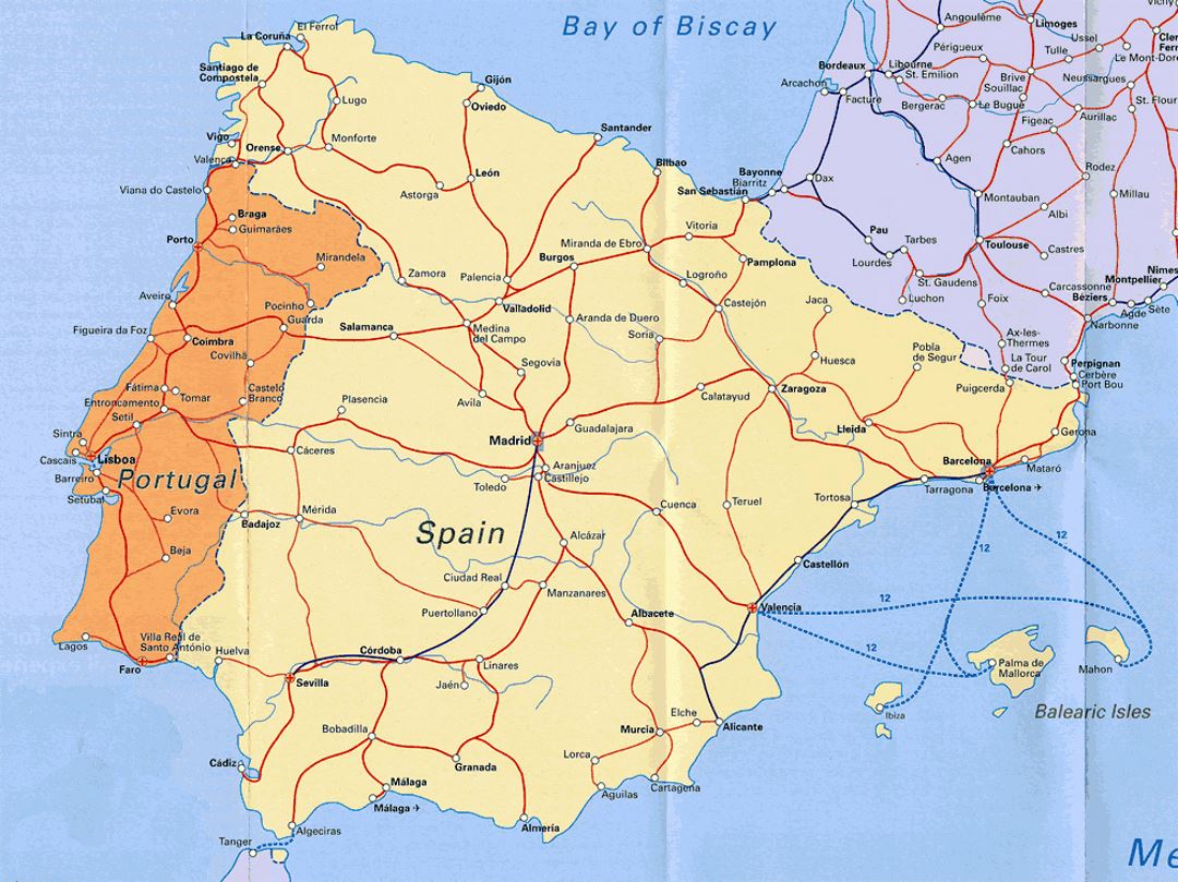 Карта шоссе Португалии и Испании