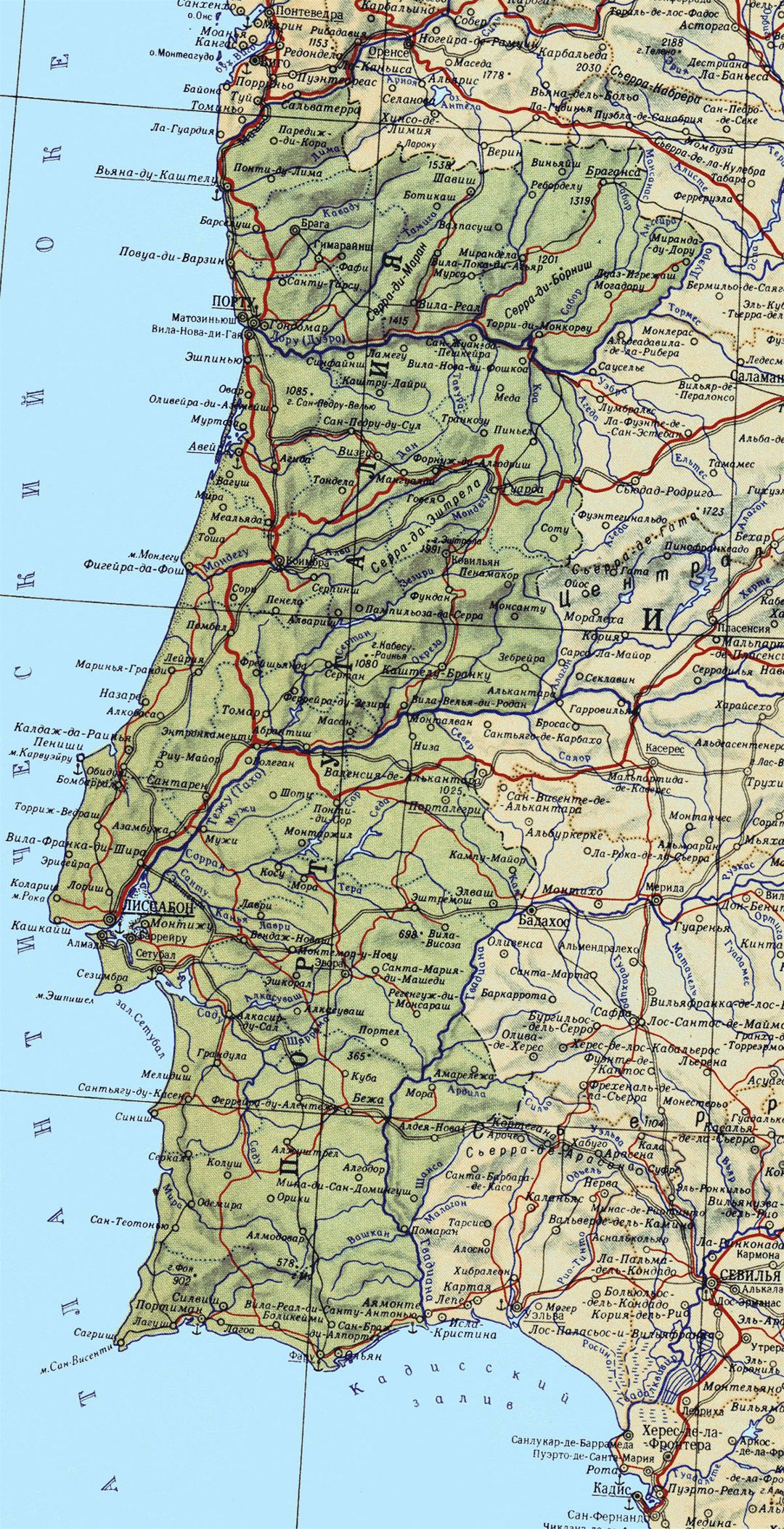 Большая детальная карта Португалии с дорогами, крупными городами и портами на русском языке