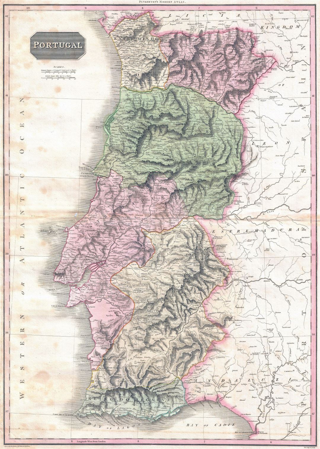 Большая детальная старая карта Португалии с рельефом, реками, административными делениями, городами, населенными пунктамии и деревнями - 1818 г.