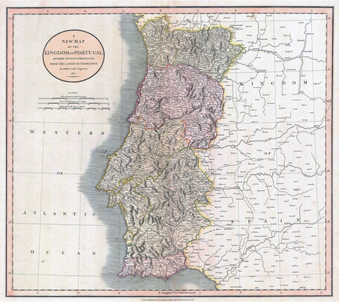 Большая детальная старая политическая и административная карта Португалии с рельефом, дорогами и городами - 1811